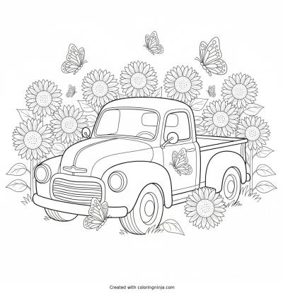 A coloring page of A cheerful vintage pickup truck parked in a sunny sunflower field with flying butterflies.