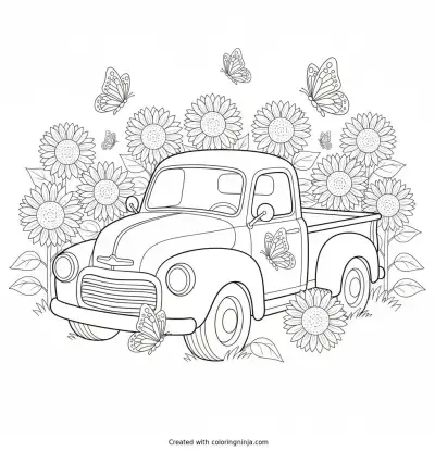 Little Pickup in the Sunflowers Coloring Page
