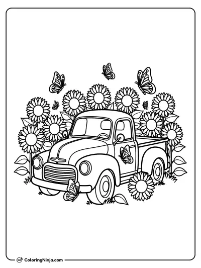 Little Pickup in the Sunflowers Coloring Page