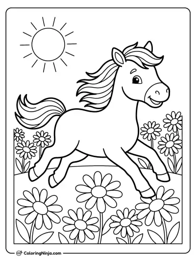 Galloping Horse in the Flowers Coloring Page
