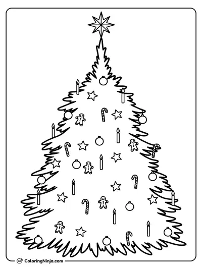 Christmas Tree with Gingerbread and Candles Coloring Page