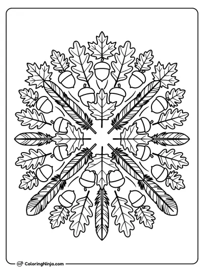 Thanksgiving Leaf and Feather Mandala Coloring Page