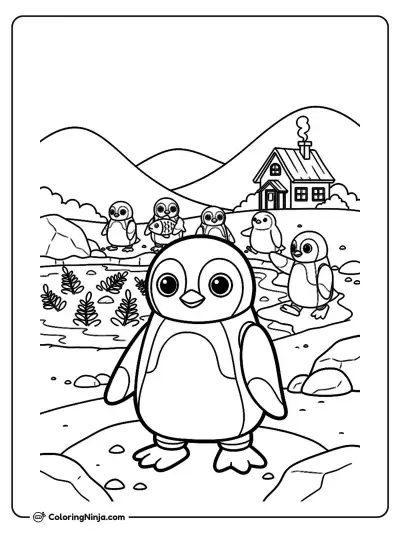Robot Penguins On New Zealand Hills Coloring Page