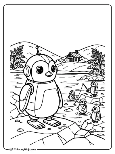 Robot Penguins On New Zealand Coast Coloring Page