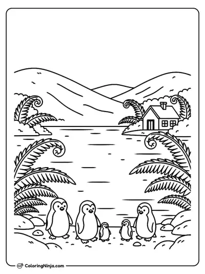 New Zealand Hills and Penguins Coloring Page