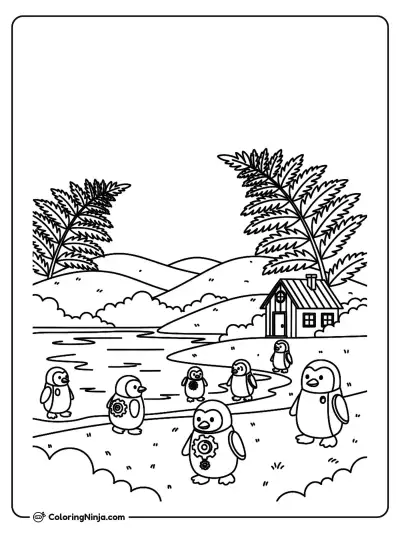 New Zealand Hills and Robot Penguins Coloring Page
