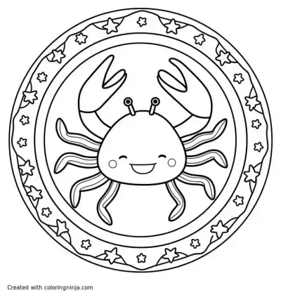 A coloring page of coloring mandela focused on the zodiac sign Cancer. ncorporating celestial motifs like stars and the moon to enhance the magical and spiritual feeling of the design