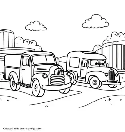 A coloring page of a coloring page with two drifting cars around a shipping yard