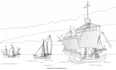 Three Ships of Columbus at Sea Coloring Page