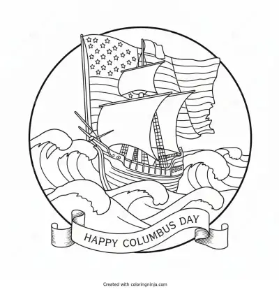 Happy Columbus Day Emblem Coloring Page