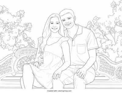 A coloring page of Couple on a Bench with Flowers