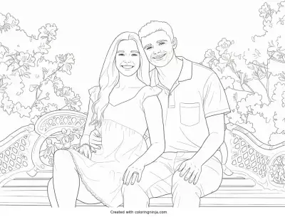 A coloring page of Couple on a Bench with Flowers