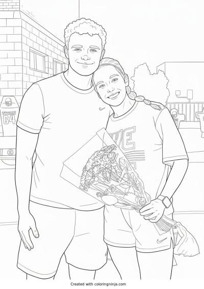 A coloring page of Couple Celebrating with Flowers on the Field