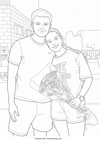 A coloring page of Couple Celebrating with Flowers on the Field
