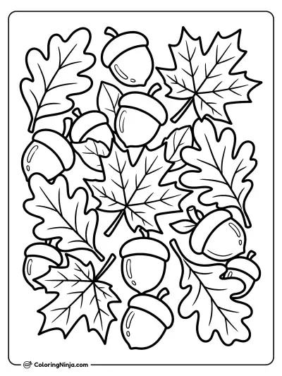 Cozy Autumn Leaves and Acorns Coloring Page