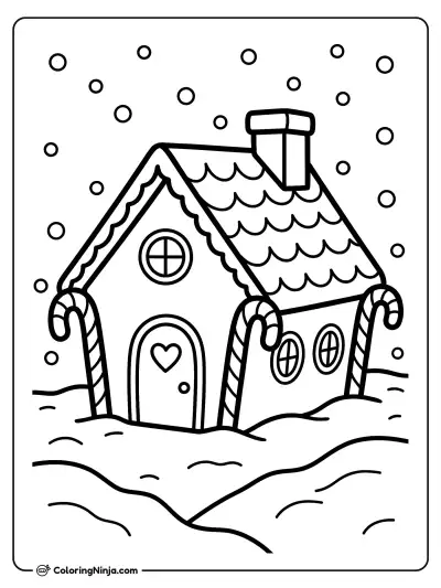 Snowy Gingerbread Cottage Coloring Page