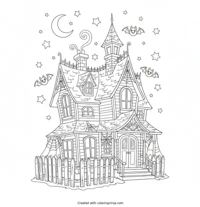 The Cozy Halloween Cottage Coloring Page