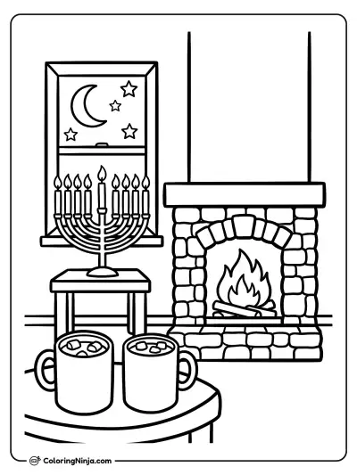 Cozy Winter Hanukkah Night Coloring Page
