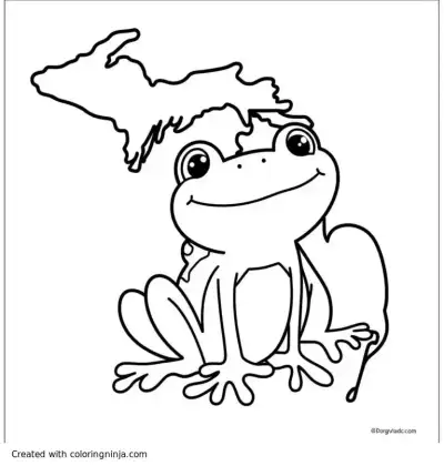 A coloring page of Create a coloring page with a frog with the outline of Michigan and the words "leaping into Greatness"