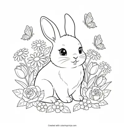Cute Bunny In A Flower Garden Coloring Page
