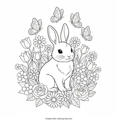 Cute Bunny In Flower Garden Coloring Page