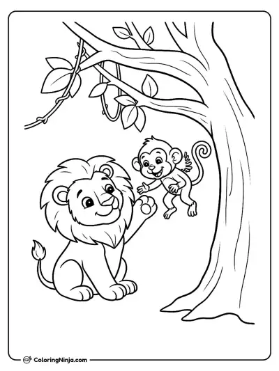 Baby Lion and Little Monkey Coloring Page