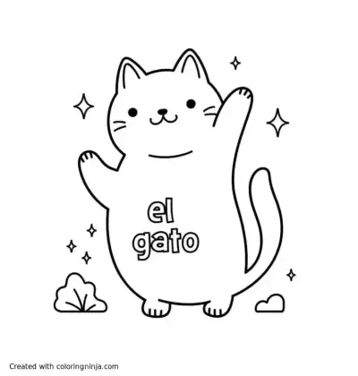 A coloring page of Create an image of a cat, in the style of Studio Ghibli. Just the cat, no other surroundings. And can you add the words “el gato” inside the cat in lettering that can be colored?