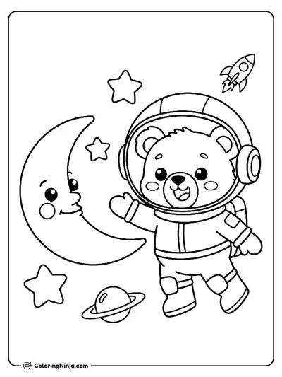 Baby Bear Astronaut In Space Coloring Page