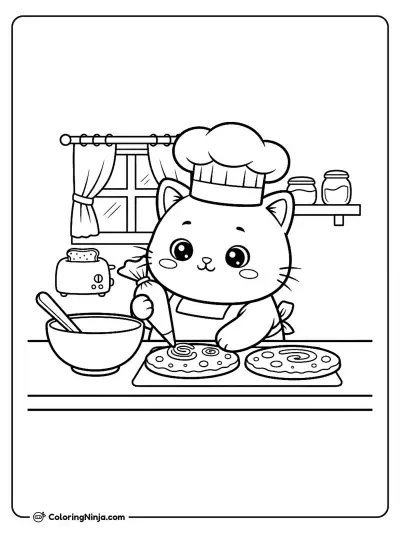 Cute Kitten Chef Decorating Cookies Coloring Page