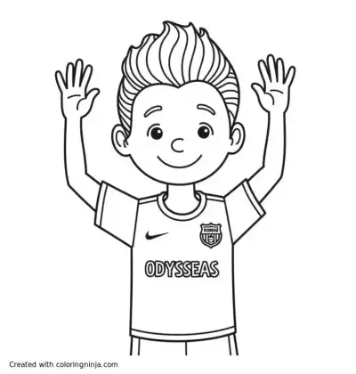 A coloring page of cristiano ronaldo high five's aΝ 8-year old boy wearing a shirt with the name ODYSSEAS