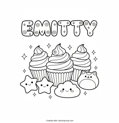 Cupcakes, Swirls, Sparkles, Squishies. Name Emitty Coloring Page
