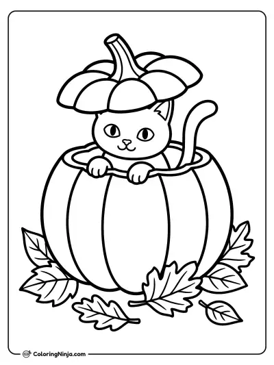 Cat in the Pumpkin Patch Coloring Page