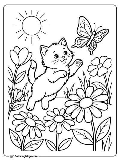 Garden Butterfly and Playful Kitten Coloring Page