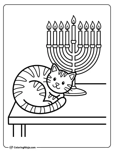 Cozy Cat Beside the Menorah Coloring Page
