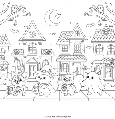 Trick or Treating Cute Animals Coloring Page