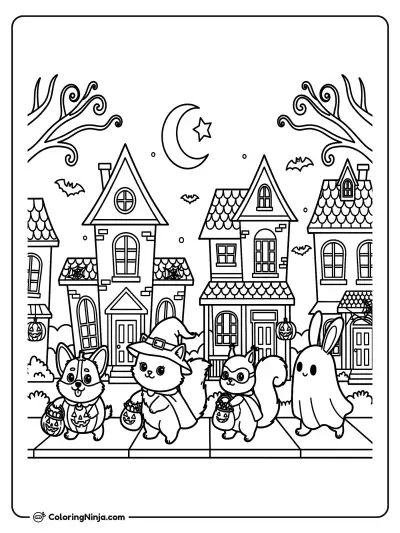Trick or Treating Cute Animals Coloring Page