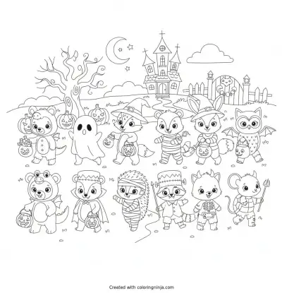Cute Animals Trick Or Treating Coloring Page