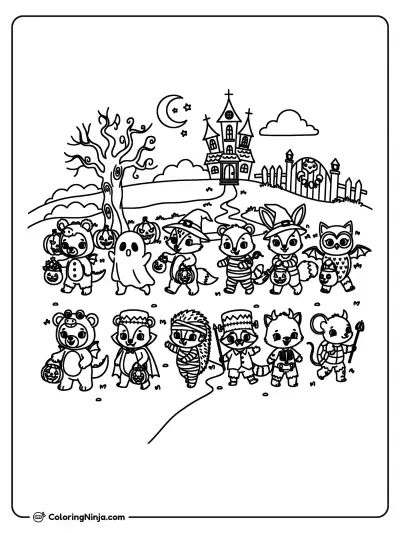 Cute Animals Trick Or Treating Coloring Page