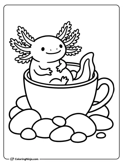 Cozy Axolotl In A Teacup Coloring Page
