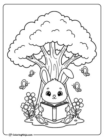 Baby Bunny Reading Under a Tree Coloring Page