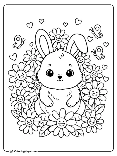 Baby Bunny In A Flower Garden Coloring Page