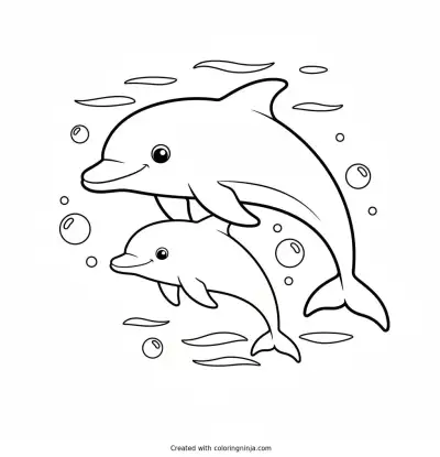 Baby Dolphin and Mother Swimming Coloring Page