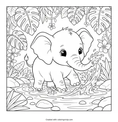 Baby Elephant River Splash Coloring Page