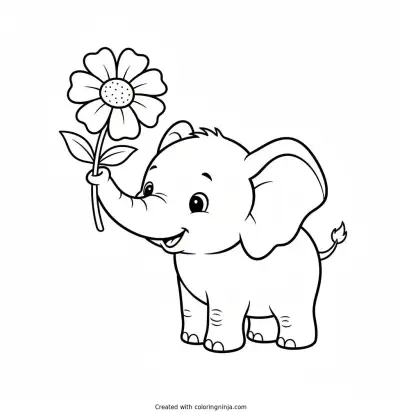Cute Baby Elephant Holding A Flower Coloring Page