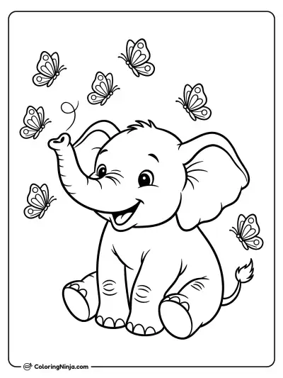 Baby Elephant Playing With Butterflies Coloring Page
