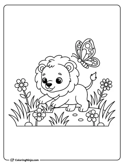 Baby Lion And Butterfly Coloring Page