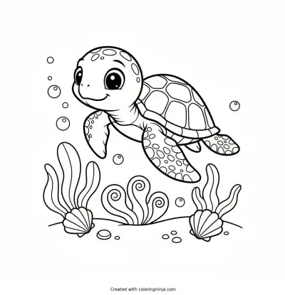 Cute Baby Sea Turtle Swimming Coloring Page