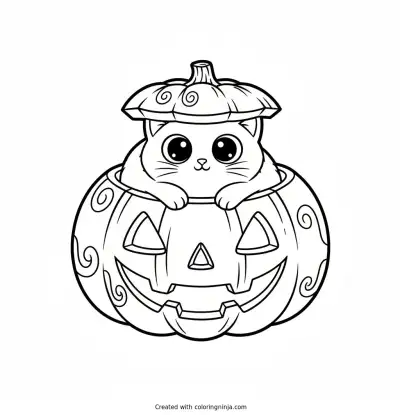 Peekaboo Cat in a Pumpkin Coloring Page