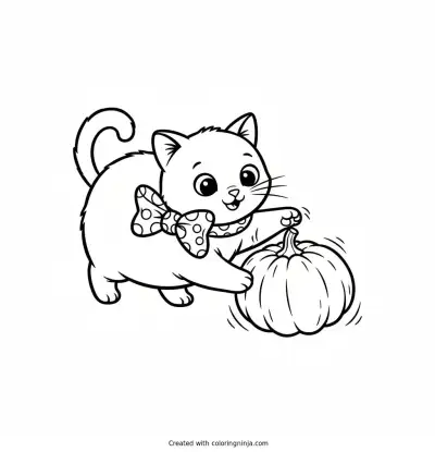 Playful Cat and Pumpkin Coloring Page