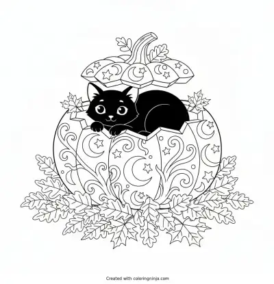 Black Cat in a Jack-o'-Lantern Coloring Page